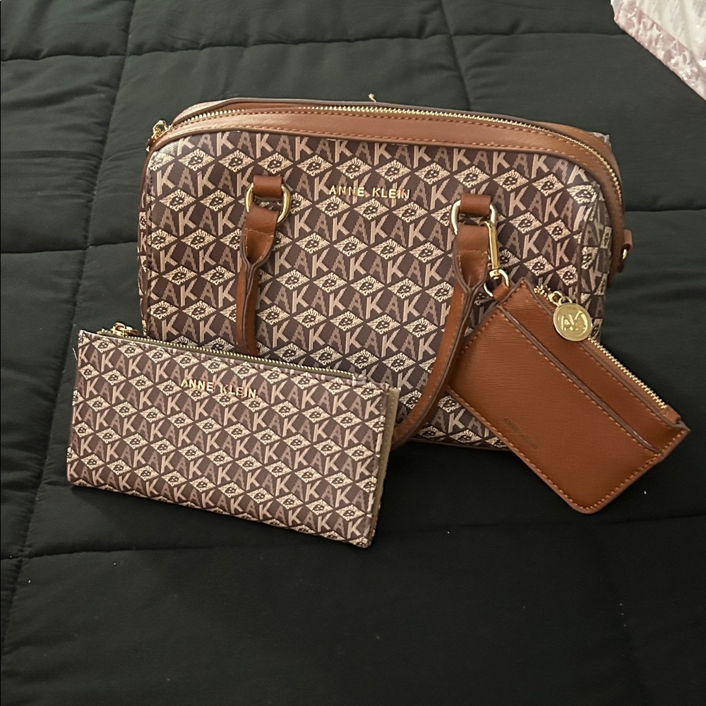 Anne Klein Tan and Brown Monogram Satchel Set